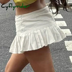 Cyflymder Sexy Low Waisted Pleated Skirts for Women Solid Y2K Aesthetic Korean Bottoms Clubwear Fashion 90s Cute Outfits