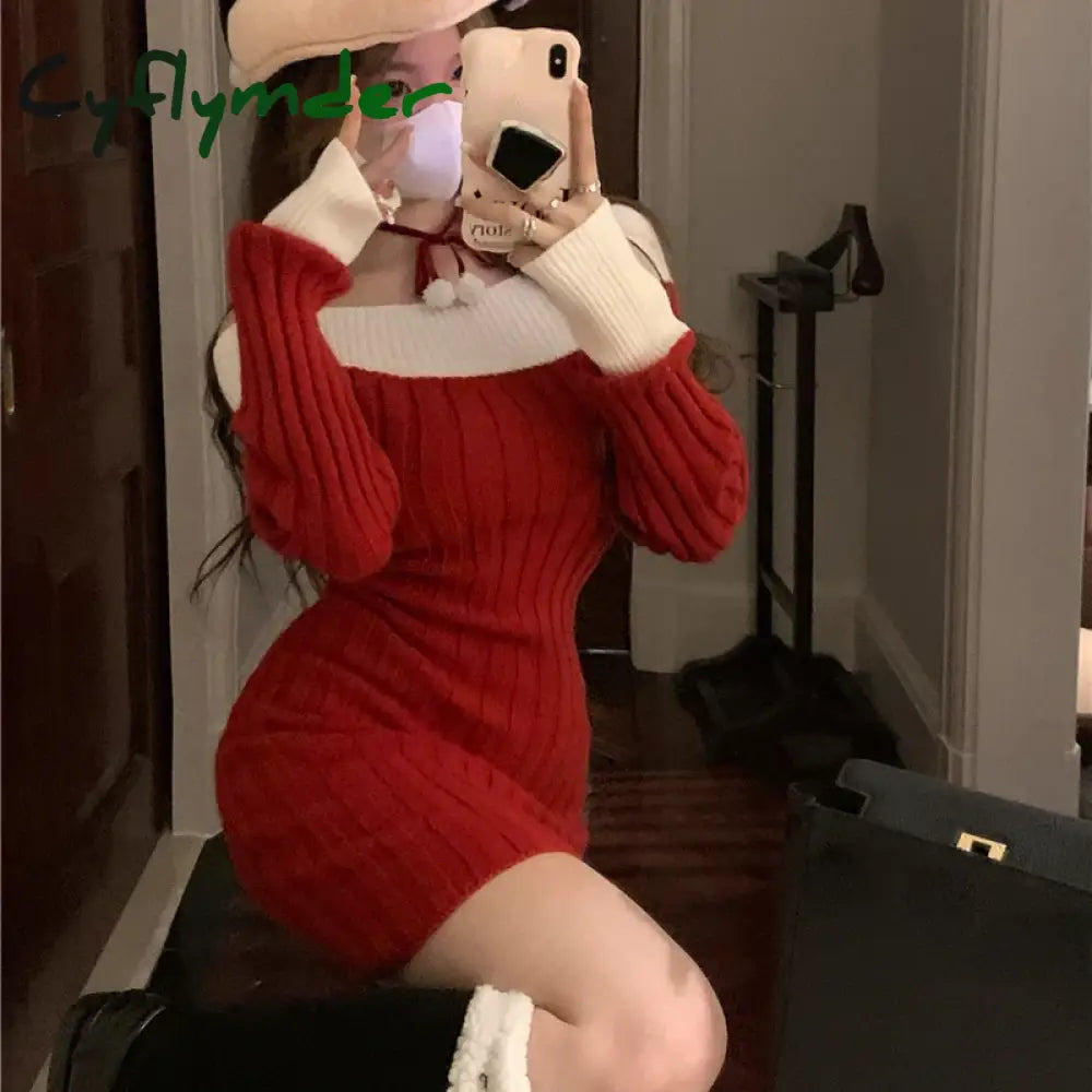 Cyflymder Sexy Red Christmas Dress Women Autumn Winter Korean Style Slash Neck Bodycon Knitted Dresses Female Elegant