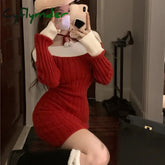 Cyflymder Sexy Red Christmas Dress Women Autumn Winter Korean Style Slash Neck Bodycon Knitted Dresses Female Elegant