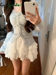 Sexy Short Party Dress Women Casual Long Sleeve Y2k Sweet Elegant Mini Dress Beach Style New Korean Summer 2 Piece Set