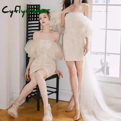 Cyflymder Sexy Short Wedding Dresses For Women New Simple Vestidos De Novia Elegant Boat Sequin Flower Neck Eveing