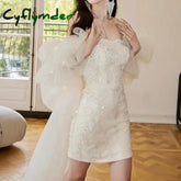 Cyflymder Sexy Short Wedding Dresses For Women New Simple Vestidos De Novia Elegant Boat Sequin Flower Neck Eveing