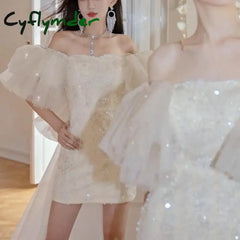 Cyflymder Sexy Short Wedding Dresses For Women New Simple Vestidos De Novia Elegant Boat Sequin Flower Neck Eveing