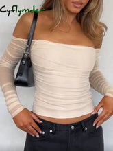 Cyflymder Sexy Slash Neck Y2K Tee Shirts Mesh Patchwork Fashion Solid Slim Outfits for Women Aesthetic Korean Clubwear