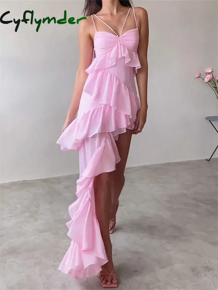 Cyflymder Sexy Sleeveless Strap Sling Long Dress For Women V-Neck Ruffles Hem Y2K Off Shoulder High