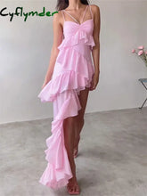 Cyflymder Sexy Sleeveless Strap Sling Long Dress For Women V-Neck Ruffles Hem Y2K Off Shoulder High