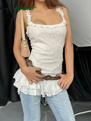 Cyflymder Sexy Slim Lace Ruffles Straight Dress Basic Square Collar Sleeveless Super Mini Dresses