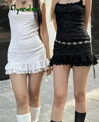 Sexy Slim Lace Ruffles Straight Dress Basic Square Collar Sleeveless Super Mini Dresses For Women 2024 Summer Fashion