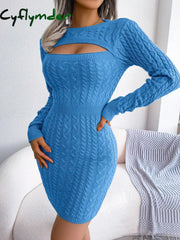Cyflymder Sexy Sweater Dresses For Women Autumn Winter Long Sleeve Hollow Out Bodycon Knitted