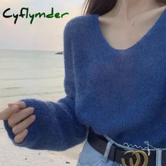 Cyflymder Sexy Thin Sweaters Women Vintage Hollow Knitted Pullovers Top Sweet Casual Loose V-neck Sweatshirt Elegant