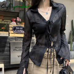 Cyflymder Sexy Transparent Blouse Women Lace Korean Fashion Harajuku Long Sleeve See Through Black