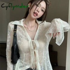 Cyflymder Sexy Transparent Blouse Women Lace Korean Fashion Harajuku Long Sleeve See Through Black