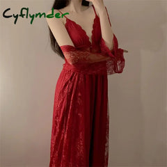 Cyflymder Sexy Two Piece Dress Set Spring Summer Sleepwear Lingerie Lace Sling Long Sleeve Nightdress Women Pijama Suit