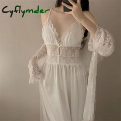 Cyflymder Sexy Two Piece Dress Set Spring Summer Sleepwear Lingerie Lace Sling Long Sleeve Nightdress Women Pijama Suit