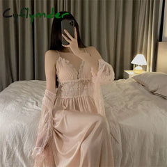 Cyflymder Sexy Two Piece Dress Set Spring Summer Sleepwear Lingerie Lace Sling Long Sleeve Nightdress Women Pijama Suit