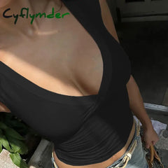 Cyflymder Sexy V-Neck Crop Tops Chic Casual Solid Clubwear Slim Tshirts Streetwear Aesthetic Fashion Short Sleeves