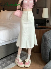 Cyflymder Sexy White High Waist Denim Midi Skirts Women Spring Summer Casaul Long Skirt Y2K