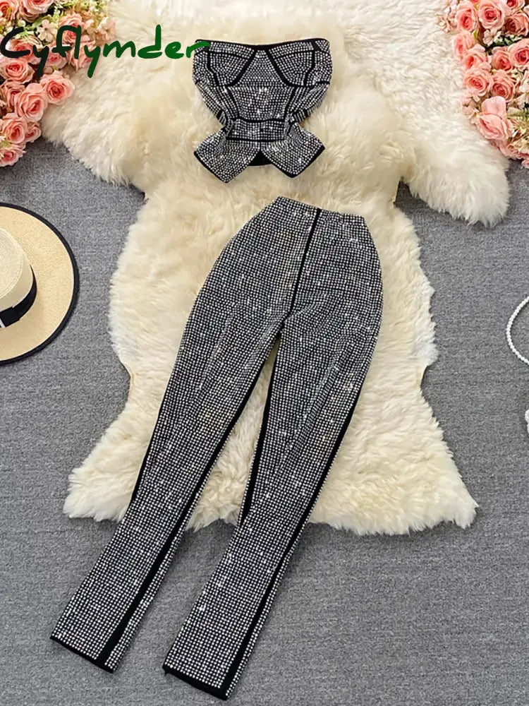 Cyflymder Sexy Women Black/White Diamonds Two Piece Set Party Slash Neck Off Shoulder Camis Tops + High Waist Pants