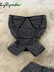 Cyflymder Sexy Women Black/White Diamonds Two Piece Set Party Slash Neck Off Shoulder Camis Tops + High Waist Pants
