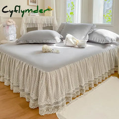 Cyflymder shabby chic Princess Style Lace Bed Skirt + Pillowcases Bedding Bedspreads Sheet Pink Lace Bedding Set Solid