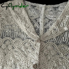 Cyflymder Sheer Embroidery Lace Blouse Cover Up Top Short Sleeve Button Front Cardigan Women Summer Boho Vacation Outfit