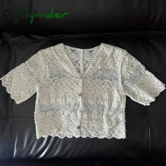 Cyflymder Sheer Embroidery Lace Blouse Cover Up Top Short Sleeve Button Front Cardigan Women Summer Boho Vacation Outfit