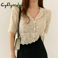 Cyflymder Sheer Embroidery Lace Blouse Cover Up Top Short Sleeve Button Front Cardigan Women Summer Boho Vacation Outfit
