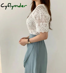 Cyflymder Sheer Embroidery Lace Blouse Cover Up Top Short Sleeve Button Front Cardigan Women Summer Boho Vacation Outfit
