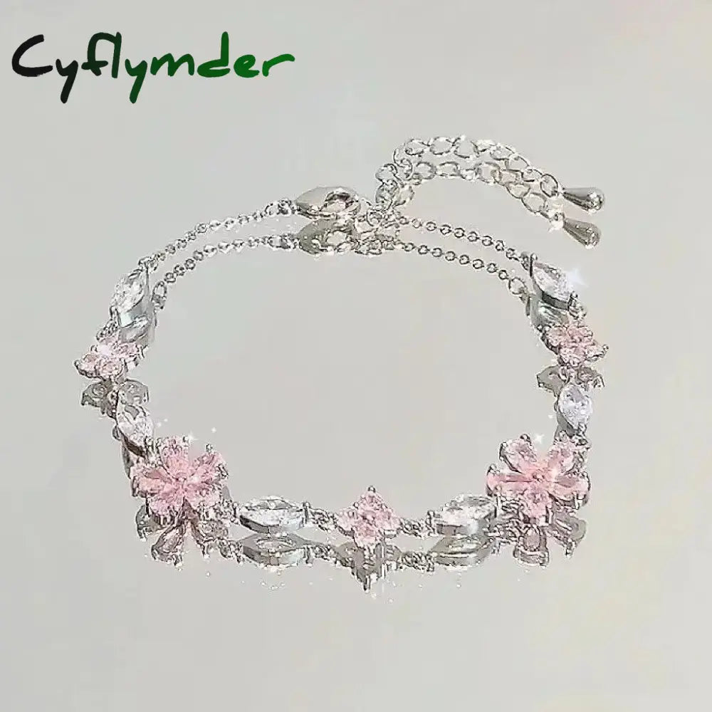 Cyflymder Shiny Pink Crystal Cherry Blossom Bracelets For Women Girls Sweet Moon Bow Flowers Zircon Bracelet Party