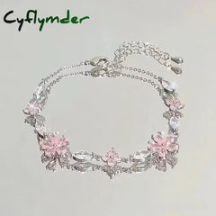 Cyflymder Shiny Pink Crystal Cherry Blossom Bracelets For Women Girls Sweet Moon Bow Flowers Zircon Bracelet Party