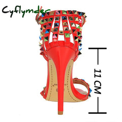 Cyflymder Shoes Color Rivets Women Sandals Roman Style Heeled Sandals Hollow Out High Heels Stiletto Sexy Party Shoes