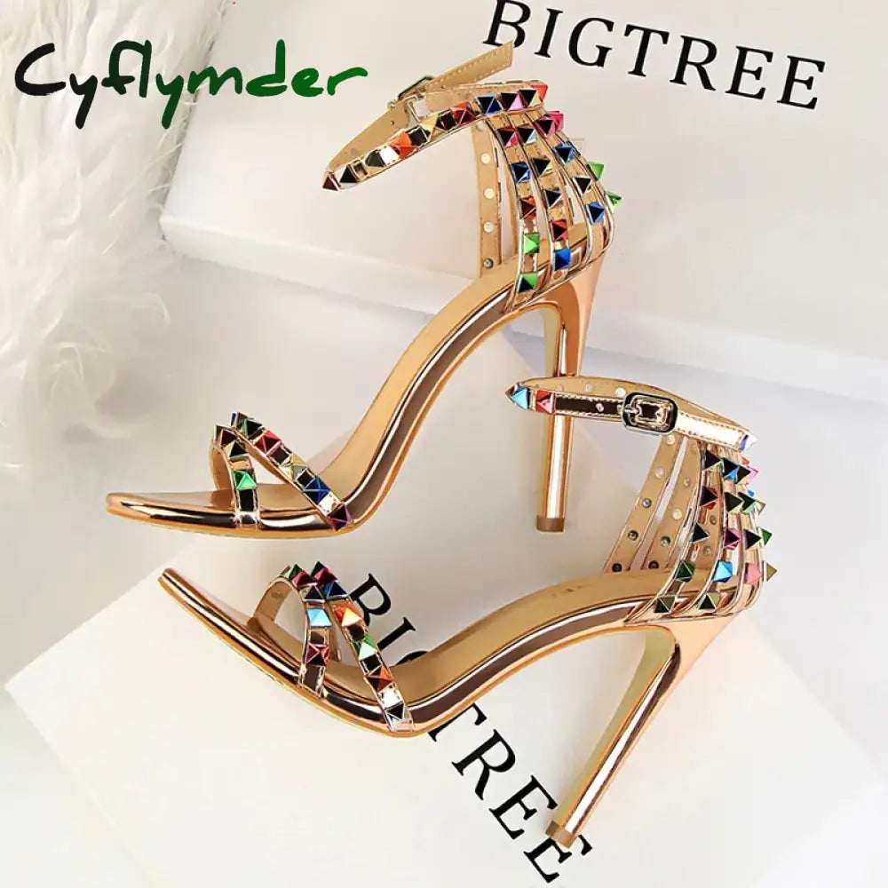 Cyflymder Shoes Color Rivets Women Sandals Roman Style Heeled Sandals Hollow Out High Heels Stiletto Sexy Party Shoes