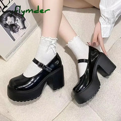 Cyflymder Shoes Female Mary Janes Women’s High Heels Platform Dress Pump Women Shallow Buckle Strap Round Toe Chunky