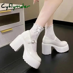 Cyflymder Shoes Female Mary Janes Women’s High Heels Platform Dress Pump Women Shallow Buckle Strap Round Toe Chunky