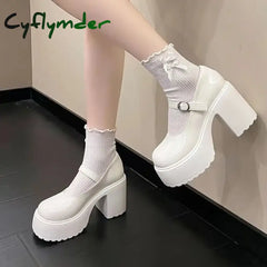 Cyflymder Shoes Female Mary Janes Women’s High Heels Platform Dress Pump Women Shallow Buckle Strap Round Toe Chunky