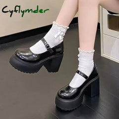 Cyflymder Shoes Female Mary Janes Women’s High Heels Platform Dress Pump Women Shallow Buckle Strap Round Toe Chunky