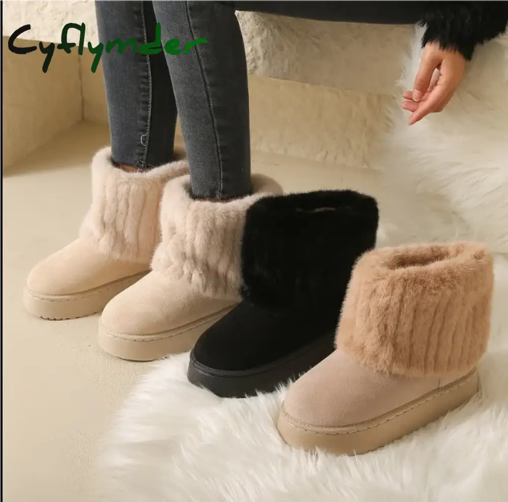 Cyflymder Shoes for Women Winter Women’s Boots Black Round Toe Solid Flock Plush Warm Mid Heel Water Proof Casual Snow