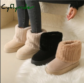Cyflymder Shoes for Women Winter Women’s Boots Black Round Toe Solid Flock Plush Warm Mid Heel Water Proof Casual Snow