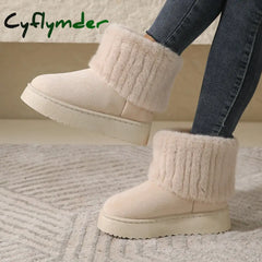 Cyflymder Shoes for Women Winter Women’s Boots Black Round Toe Solid Flock Plush Warm Mid Heel Water Proof Casual Snow