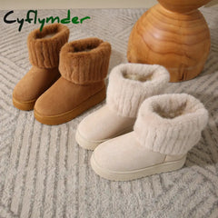 Cyflymder Shoes for Women Winter Women’s Boots Black Round Toe Solid Flock Plush Warm Mid Heel Water Proof Casual Snow