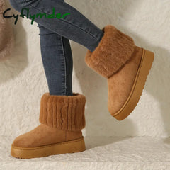 Cyflymder Shoes for Women Winter Women’s Boots Black Round Toe Solid Flock Plush Warm Mid Heel Water Proof Casual Snow