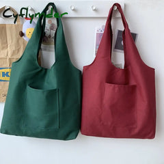 Cyflymder Shopping Bag Woman Pure Color Series Beige Reusable Harajuku Commuter Simple Large