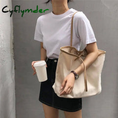 Cyflymder Shopping Bags Women Solid Simple Canvas Shoulder Elegant Retro Large-Capacity Reusable
