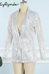 Cyflymder - Silver Celebrities Solid Sequins Patchwork Turn-Back Collar Outerwear Blazers