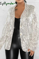 Cyflymder - Silver Celebrities Solid Sequins Patchwork Turn-Back Collar Outerwear Blazers