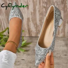 Cyflymder Silver Glitter Thick Heels Pumps Women Luxury Pointed Toe Party Wedding Shoes Woman Plus Size 42 Shallow High