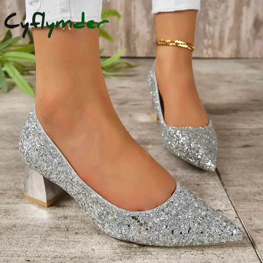 Cyflymder Silver Glitter Thick Heels Pumps Women Luxury Pointed Toe Party Wedding Shoes Woman Plus Size 42 Shallow High