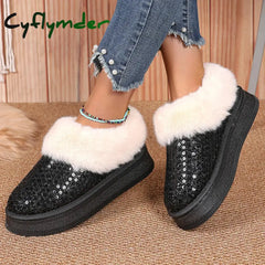 Cyflymder Silver Sequins Padded Thickened Platform Ankle Boots Women’s Half Slippers Warm Snow Boots Winter Hot Thick