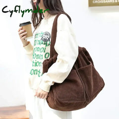Cyflymder Simple Casual Totes Teenager Students Corduroy Shoulder Bag Women Large Drawstring Handbag Ladies Shopping