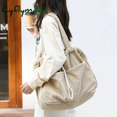 Cyflymder Simple Casual Totes Teenager Students Corduroy Shoulder Bag Women Large Drawstring Handbag Ladies Shopping